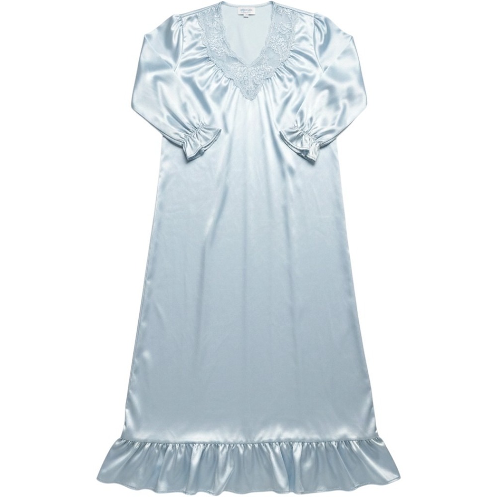 Vintage Stardust‎ Blue Satin Lace Nightgown Long Sleeve Soft Ruffle Hem Small